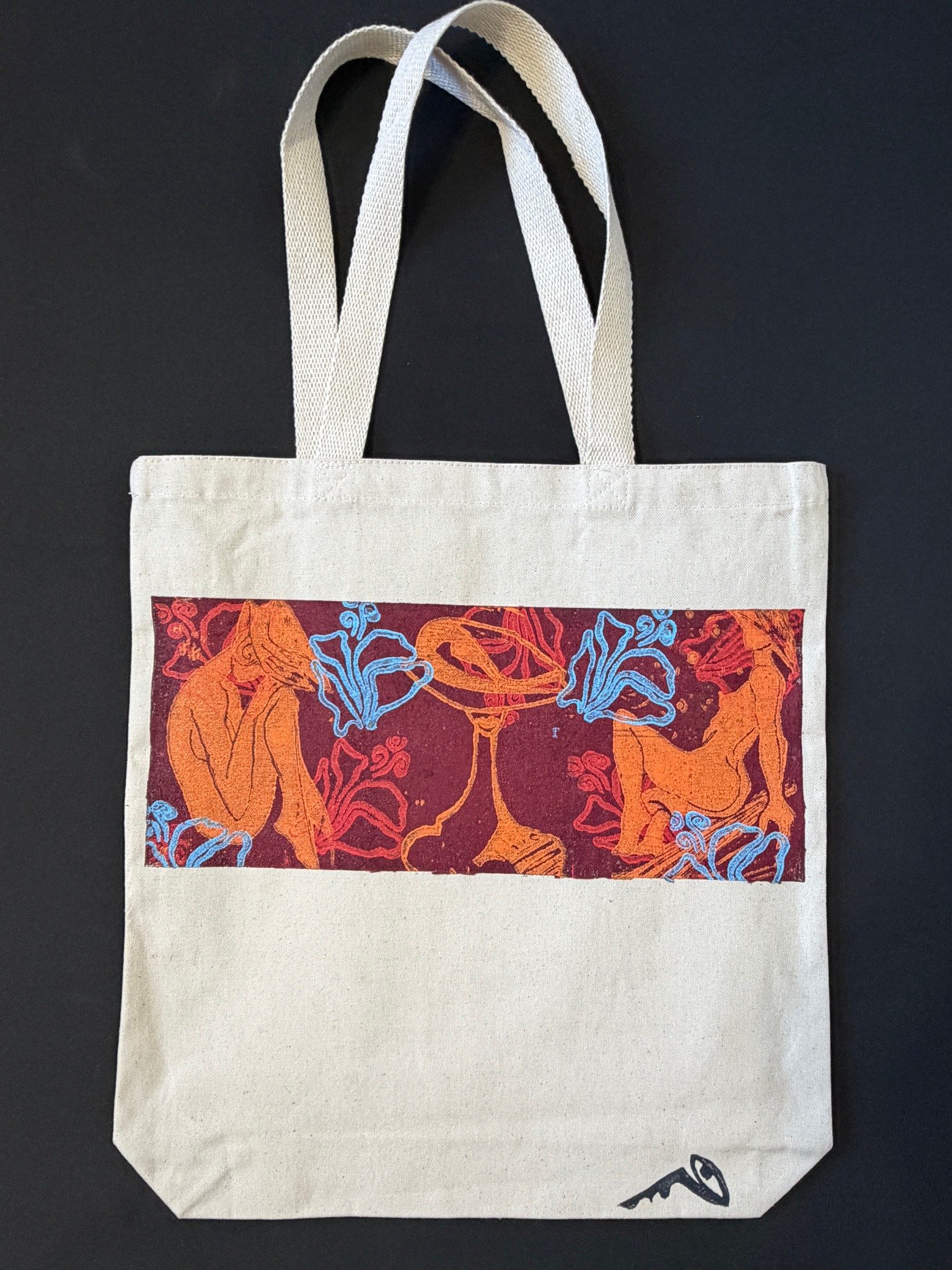 Bolso artístico de lona con estampado original burdeos, naranja y azul de Ramón