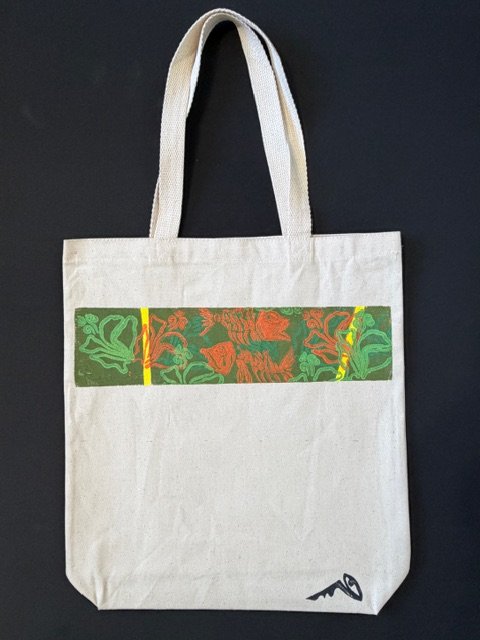 Bolso artístico de lona con estampado original verde y naranja de Ramón