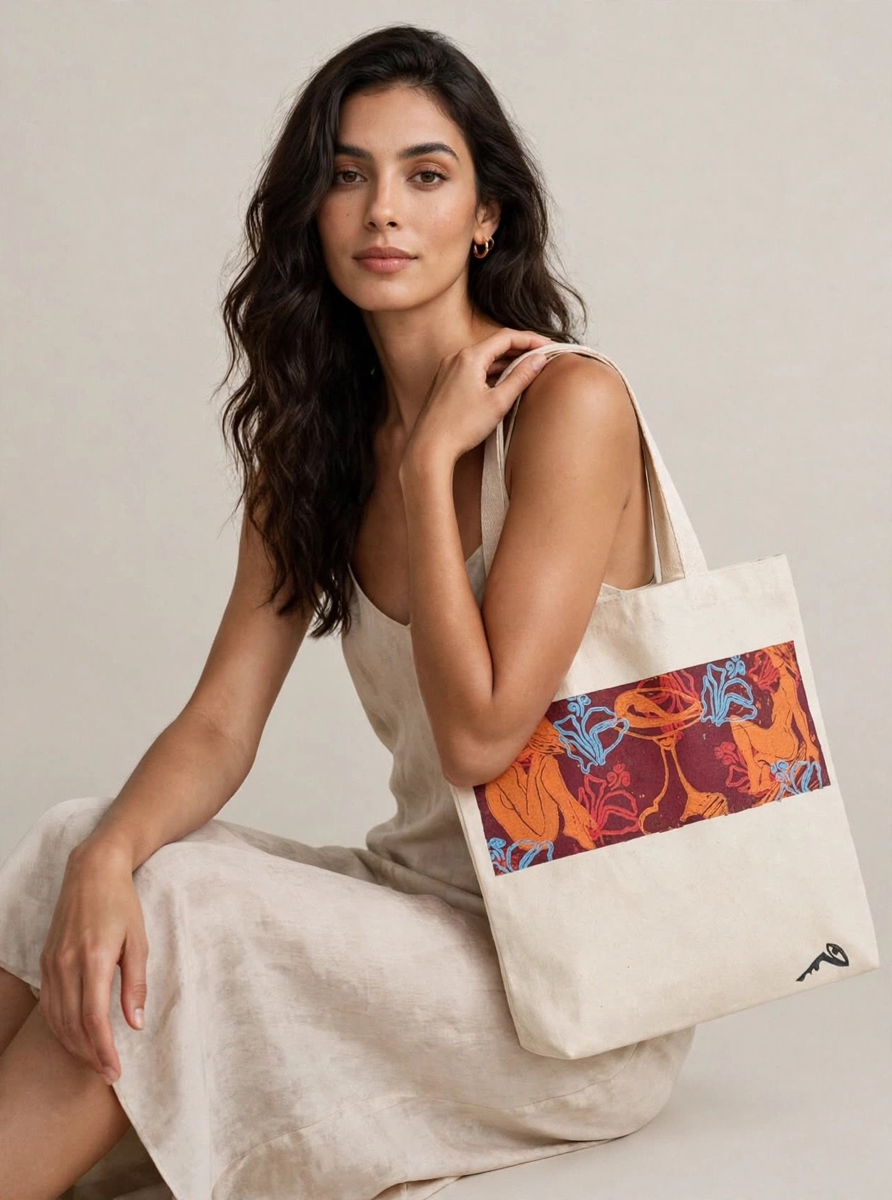 Modelo llevando bolso artístico de colores